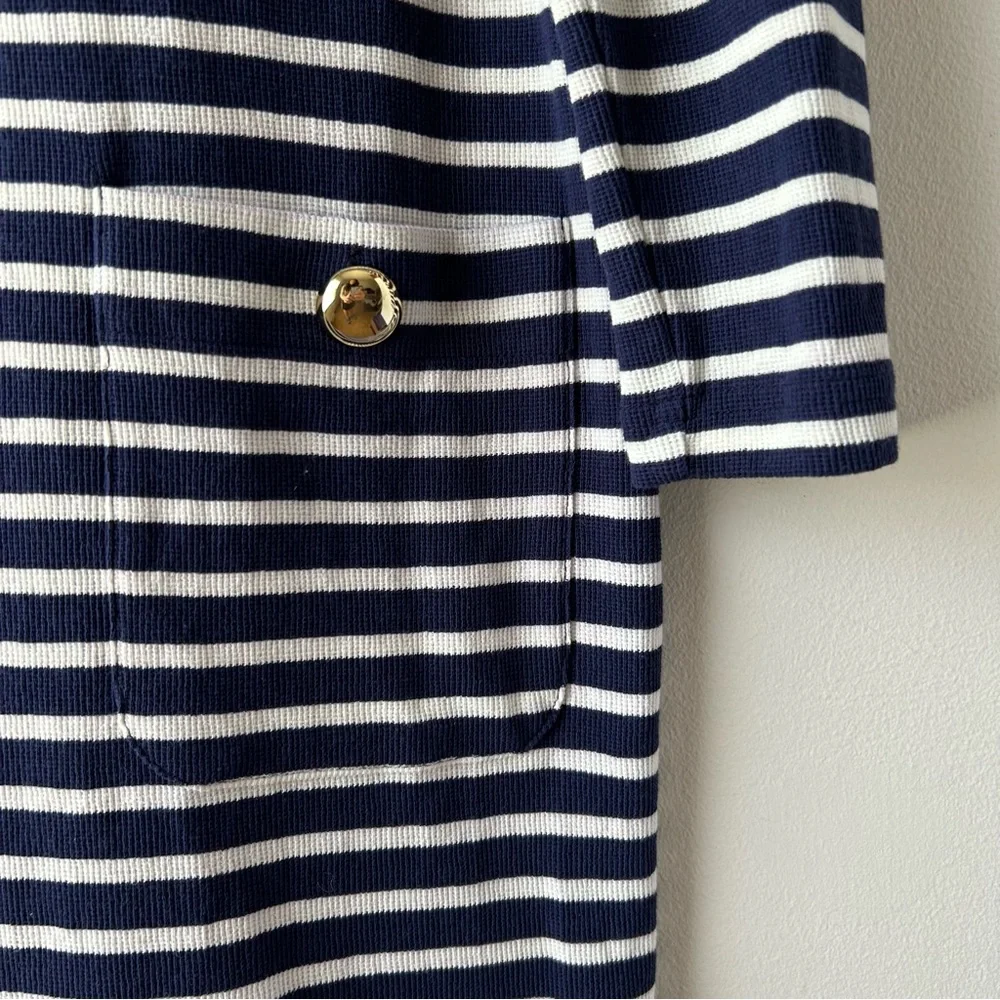 Sail to Sable 100% Cotton Stripe Long Sleeve Button Neck Dress Navy Ivory Gold M